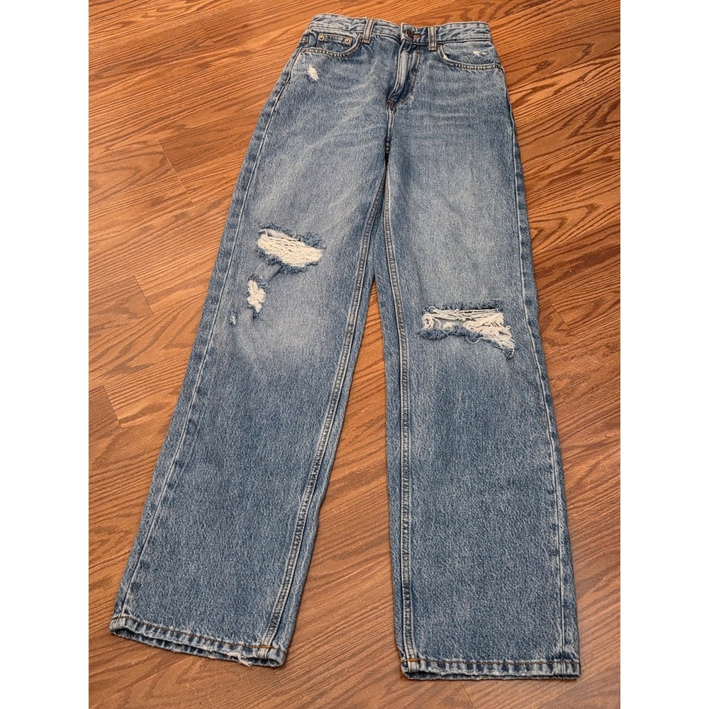 Zara Womens High Waisted Wide Leg Distressed Jeans Blue Ripped Denim Size 0 - Picture 2 of 7
